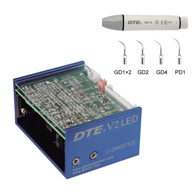 DTE-V2 LED - встраиваемый ультразвуковой скалер с фиброоптикой, герметичный съемный наконечник, 5 насадок в комплекте | Woodpecker (Китай)